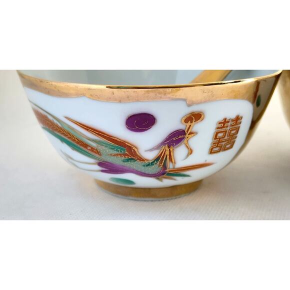 CHINESE SOUP/RICE/NOODLE BOWLS-Spoons-Vintage-Gold Trim-Phoenix & Dragon-Set 2 - Picture 2 of 14